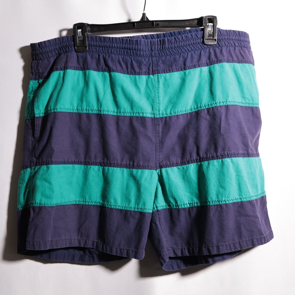Mens Vintage Striped Color Block Swim Trunks Shorts‎ Blue Green Retro 80s 90s L